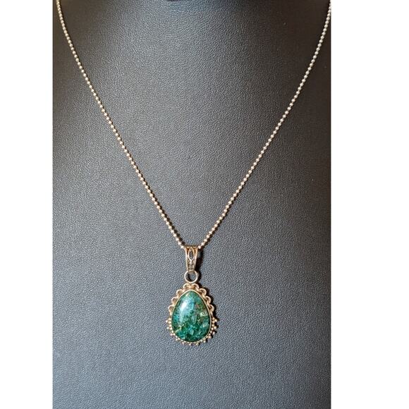 Vintage Chrysocolla 925 Sterling Silver Pendant on Bead Ball Chain Marked 925 - Picture 1 of 7